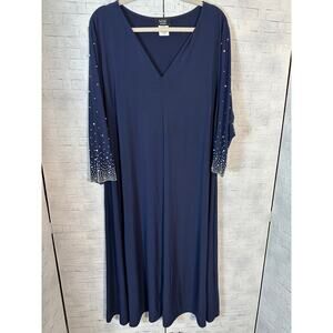 MSK Women evening dress V-neck, navy blue beaded sleeves party holiday plus size